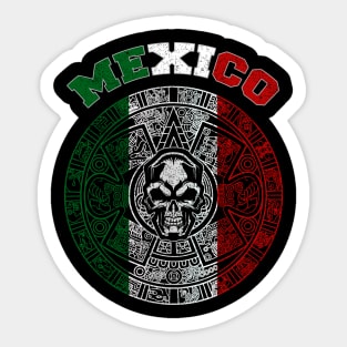 Mexico Flag on Aztec Calendar Skull. Calavera Azteca del Tri Sticker